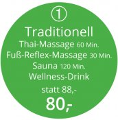 Genießen Sie unsere ölfreie Traditionelle Thai-Massage, runden Sie diese mit einer<br />
Fuß-Reflex-Massage ab. <br />
Im Nachgang lehnen Sie sich in der Sauna mit einem Wellness-Getränk <br />
zurück und entspannen.